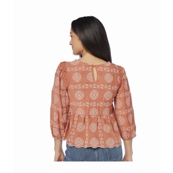 BLU PEPPER Womens Clay Orange Embroidered Peasant Blouse Top Small Boho - Picture 2 of 12